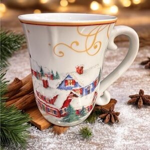 VTG HTF Williams Sonoma ’Twas the Night Before Christmas Mug Snowy Village Gold